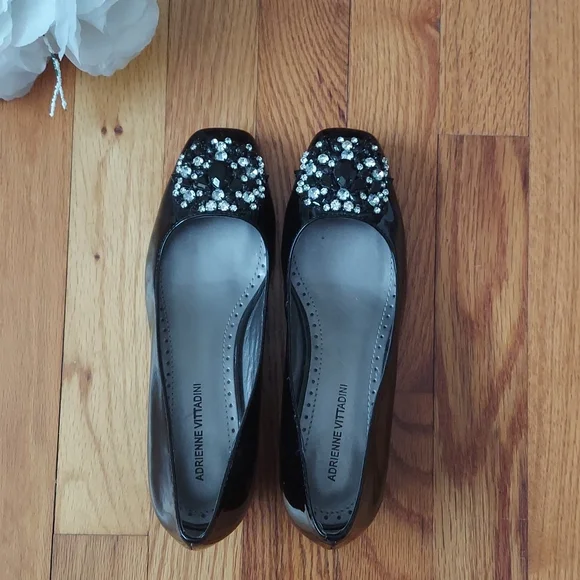Adrienne Vittadini Palm Beach Black Patent Wedges w/ Rhinestone Details Size 6 - Picture 7 of 16